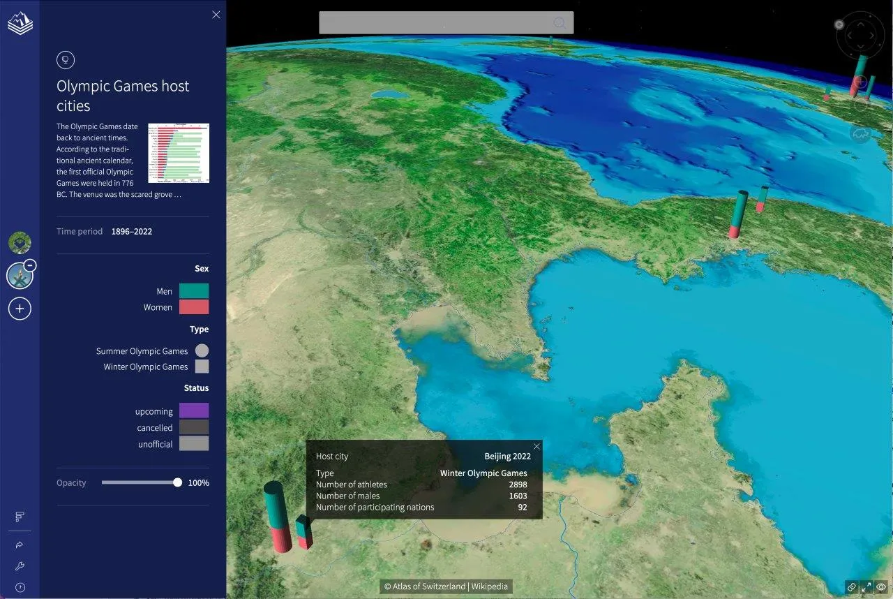 Karte einer Region Asiens, die mithilfe von 3D-Zylindern Informationen zu den Austragungen der Olympischen Spiele darstellt.