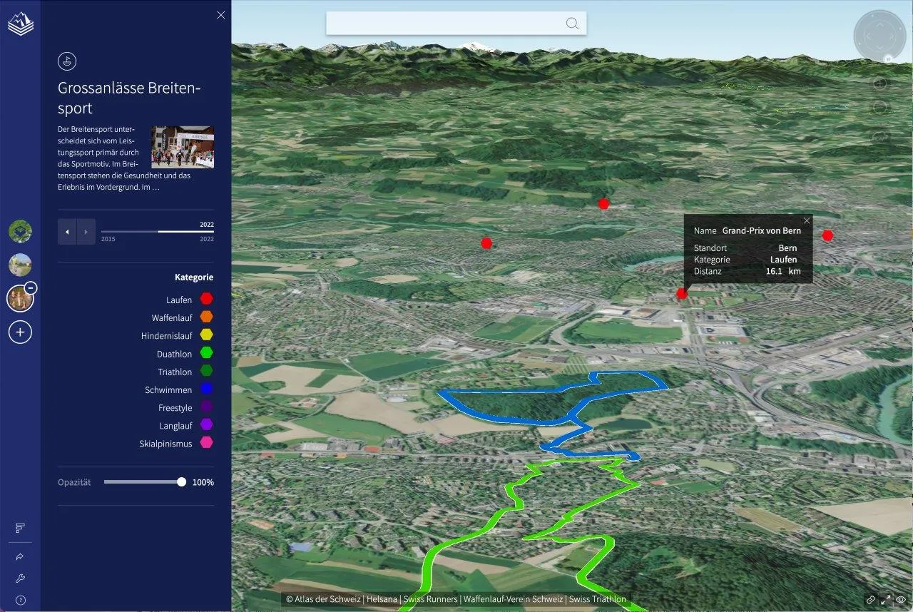 Karte der Region Bern mit roten Punkten, die Laufanlässe darstellen, sowie blauen und grünen Linien, die die Helsana-Trails darstellen.