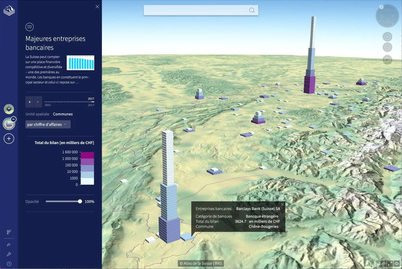 Karte eines Teils der Schweiz, die mithilfe von 3D-Rechtecken Informationen über die wichtigsten Banken darstellt.