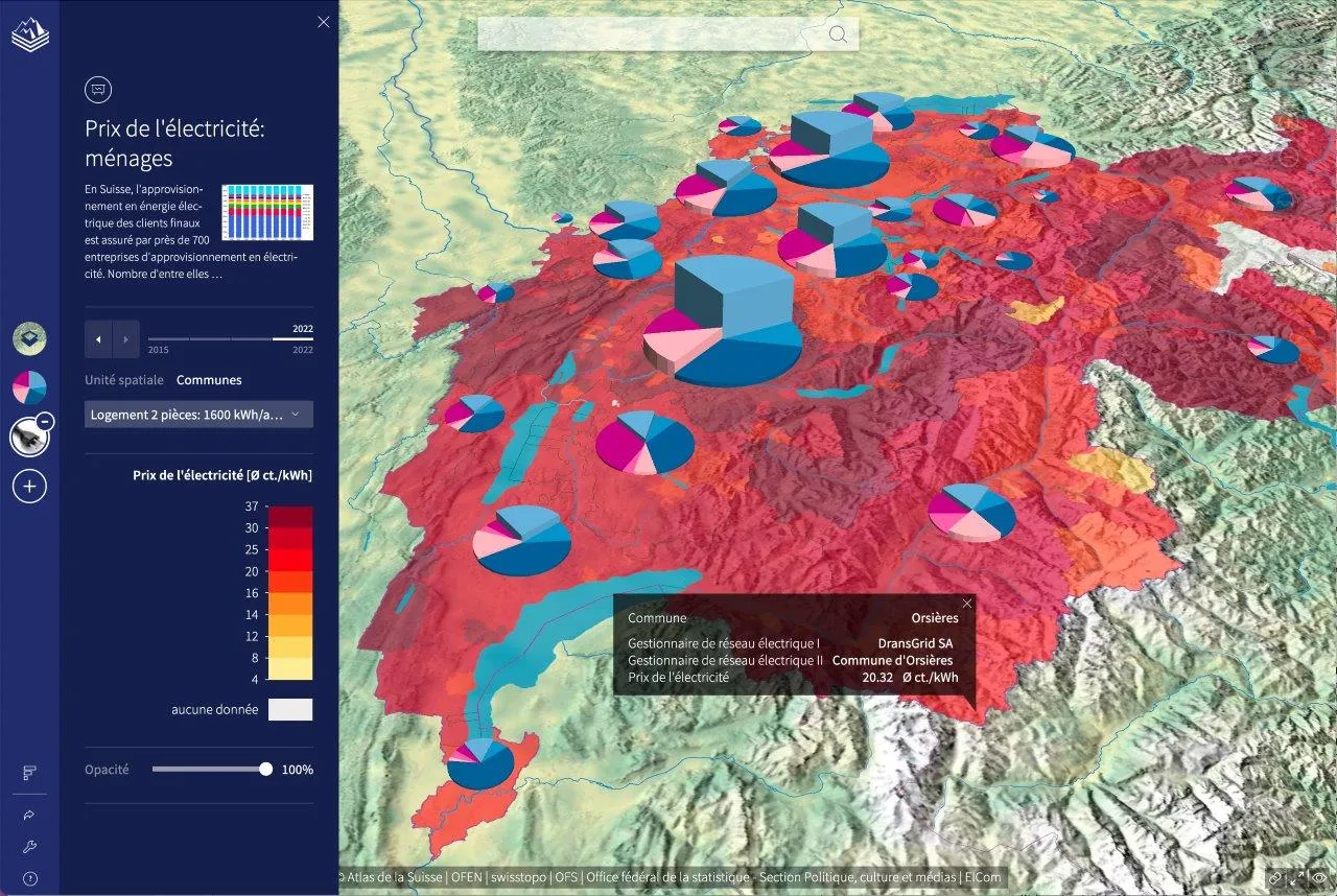 Karte der Schweiz, die mit 3D-Kreisdiagrammen in Farbtönen von Violett bis Blau Informationen über auto­ma­ti­sche Holz­feue­rungen darstellt. Die Kantone sind in Farben von Gelb bis Rot eingefärbt – in Abhängigkeit von den Strompreisen.
