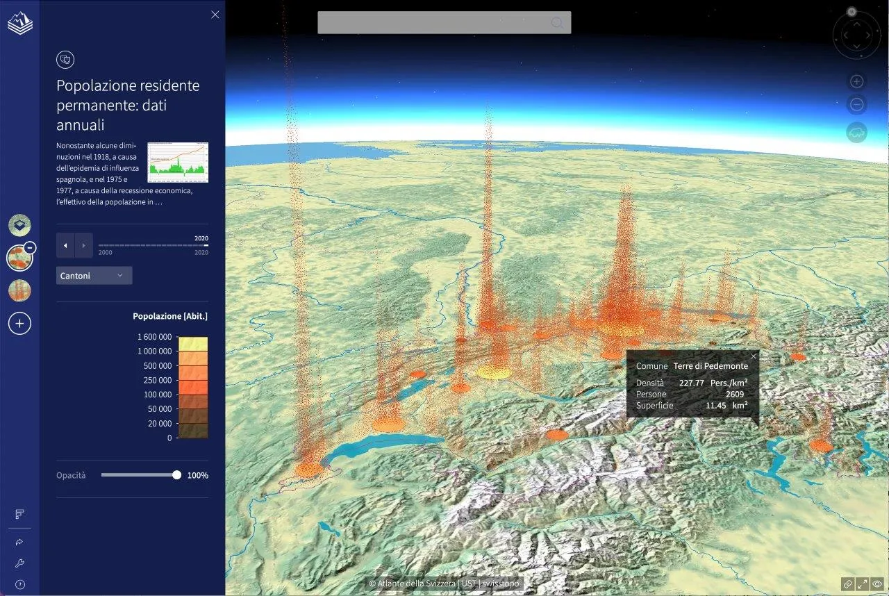 Karte der Schweiz, die mithilfe von farbigen Punktwolken in Gelb- bis Rottönen die Bevölkerungsdichte darstellt. Zudem sind farbige Kreise in Farbtönen von Braun bis Gelb sichtbar, die die Anzahl der Einwohner pro Kanton zeigen.