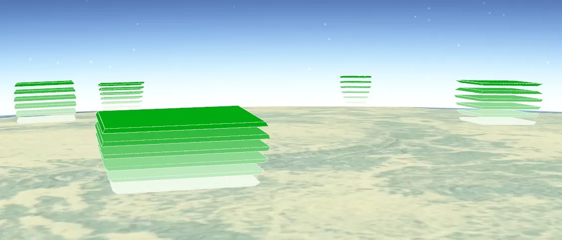 Visualisation de la population résidente à l'aide de troncs de pyramide Symboles tridimensionnels en forme de troncs de pyramide dans des tons de vert sur une carte de l'Europe.