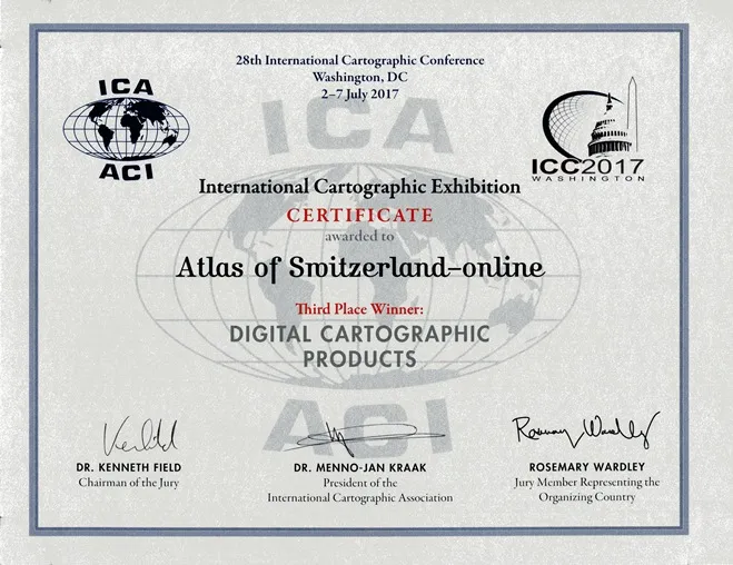 3. Preis der internationalen Fachjury Zertifikat für den 3. Preis der internationalen Fachjury bei der International Cartographic Conference 2017.