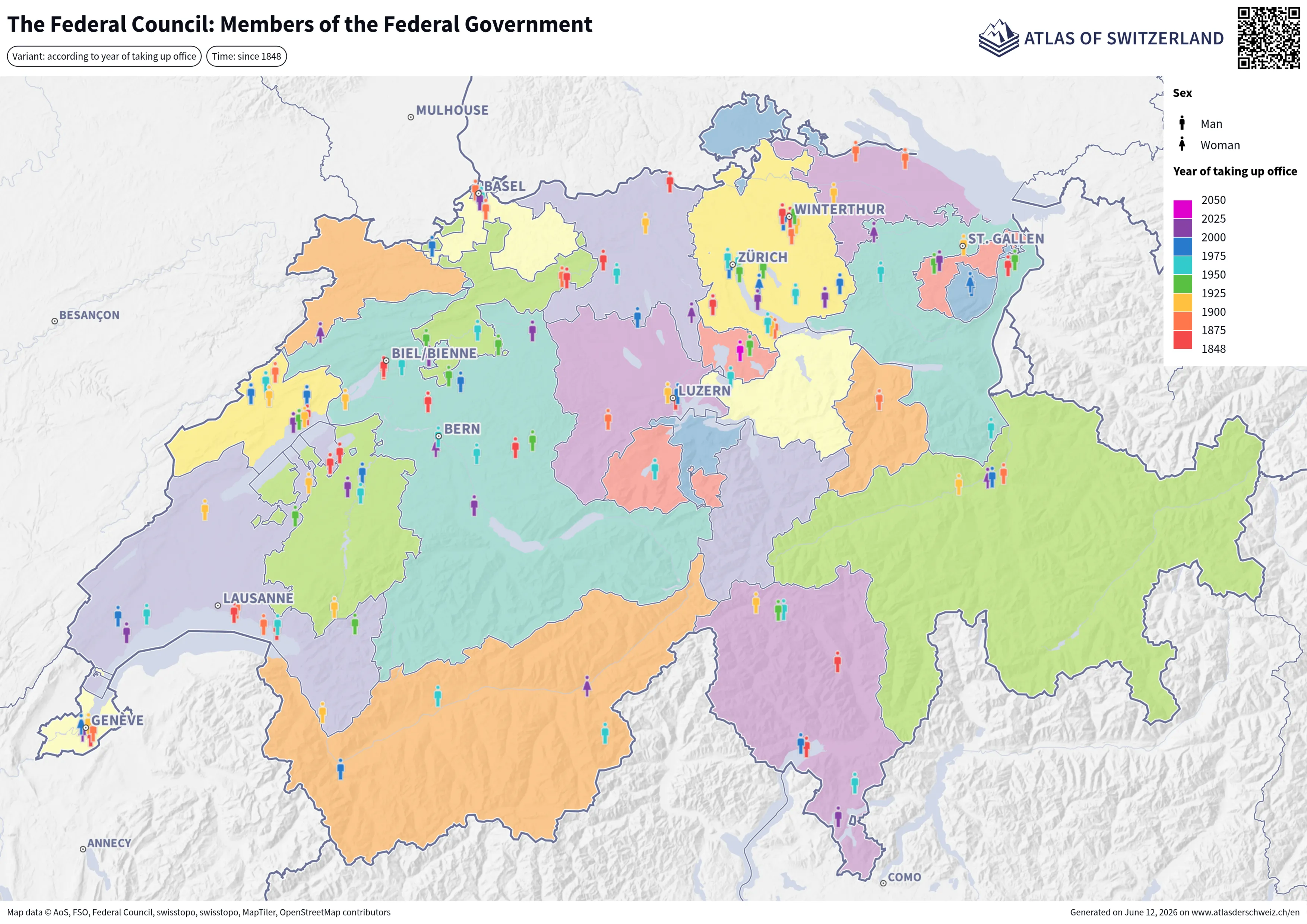Mappa Il Consiglio federale: membri del governo federale esportata dall'Atlante della Svizzera. La carta mostra la Svizzera suddivisa nei cantoni. Sul territorio sono distribuite piccole icone di uomini e donne. Una legenda in alto a destra spiega il significato dei simboli in base al genere e all’anno di entrata in carica.