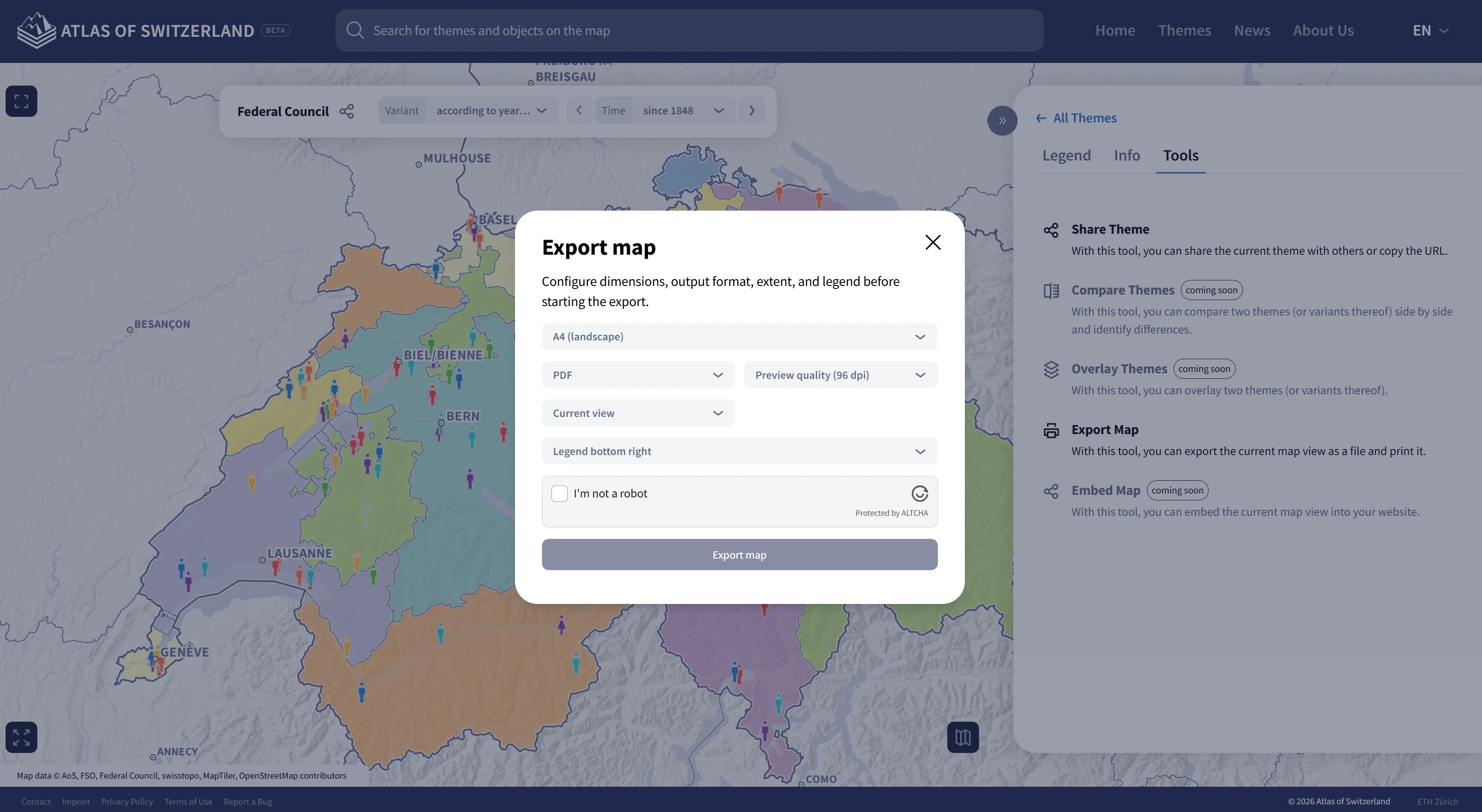 Screenshot della finestra di dialogo Export map che contiene varie possibilità di selezione per il formato della pagina, il formato del file, la risoluzione, l’estensione della mappa e la posizione della legenda.
