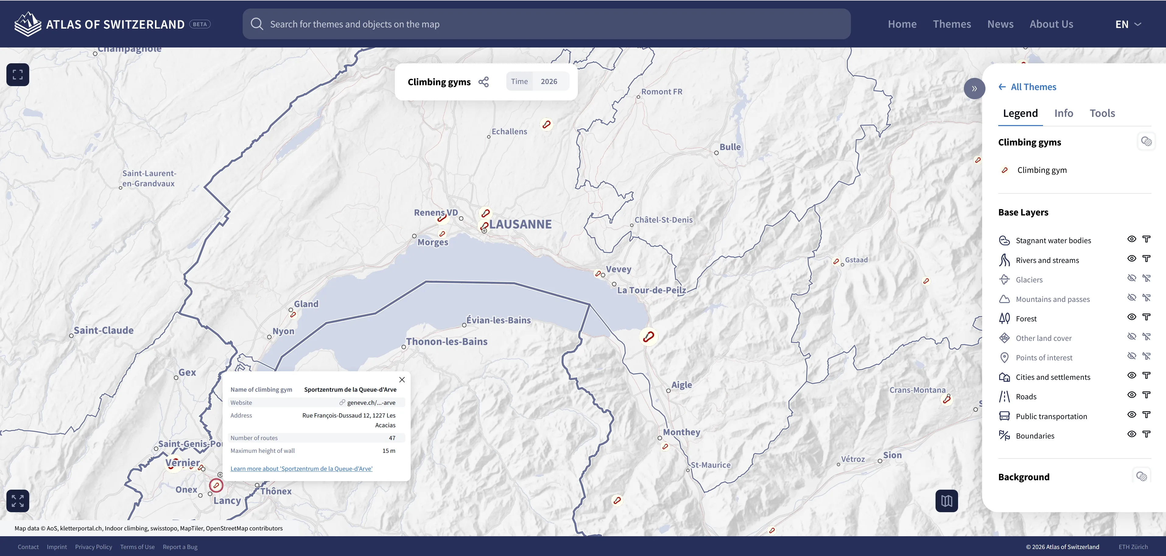 Carte thématique des salles d’escalade en Suisse avec un focus sur la région du lac Léman. La carte contient des éléments supplémentaires tels que les frontières, les réseaux routiers, les lacs et les noms de communes afin de fournir un contexte local.