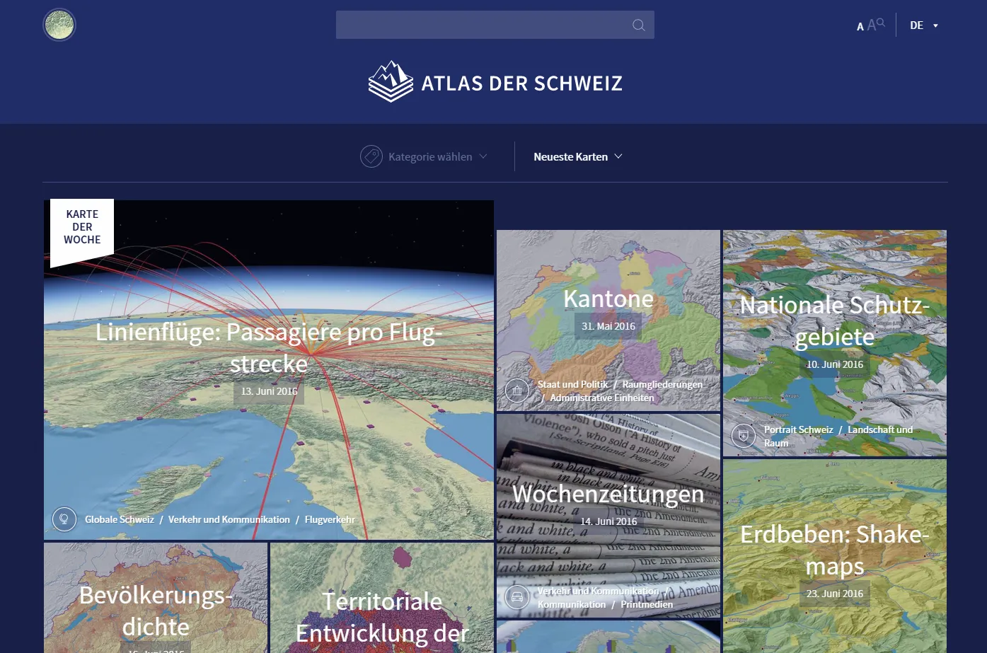 Screenshot der Desktop-Anwendung des Atlas der Schweiz mit blauem Hintergrund und Bildern der verschiedenen Karten.