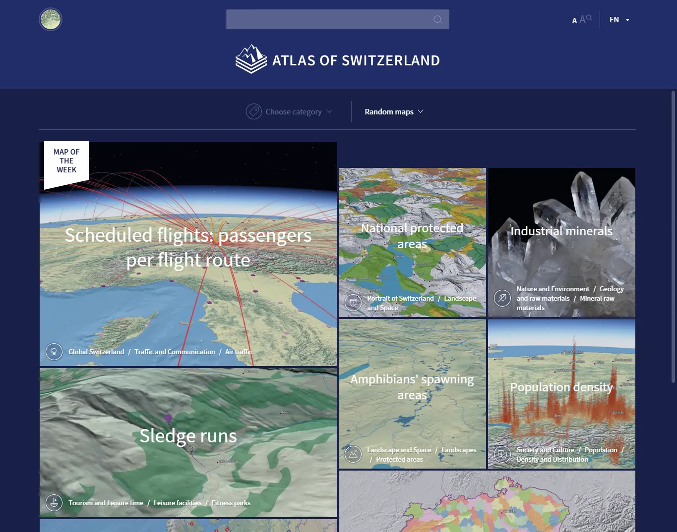 Atlas de la Suisse - online Capture d’écran de l’application de bureau de l’Atlas de la Suisse avec un fond bleu et des images de différentes cartes.