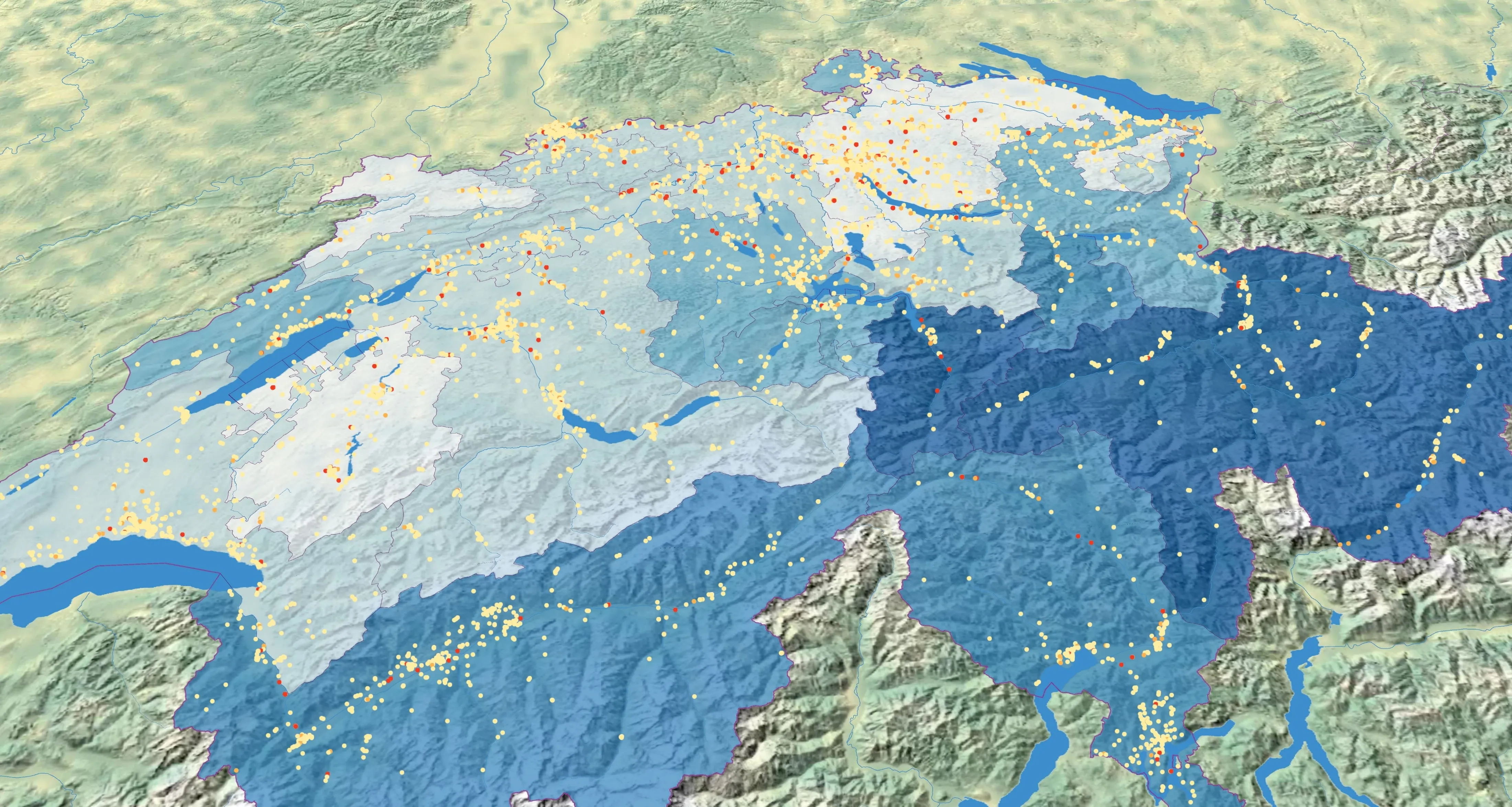 Carte de la Suisse sur le thème de la mobilité électrique et des infrastructures de recharge, avec des zones bleues et des points jaunes et rouges.