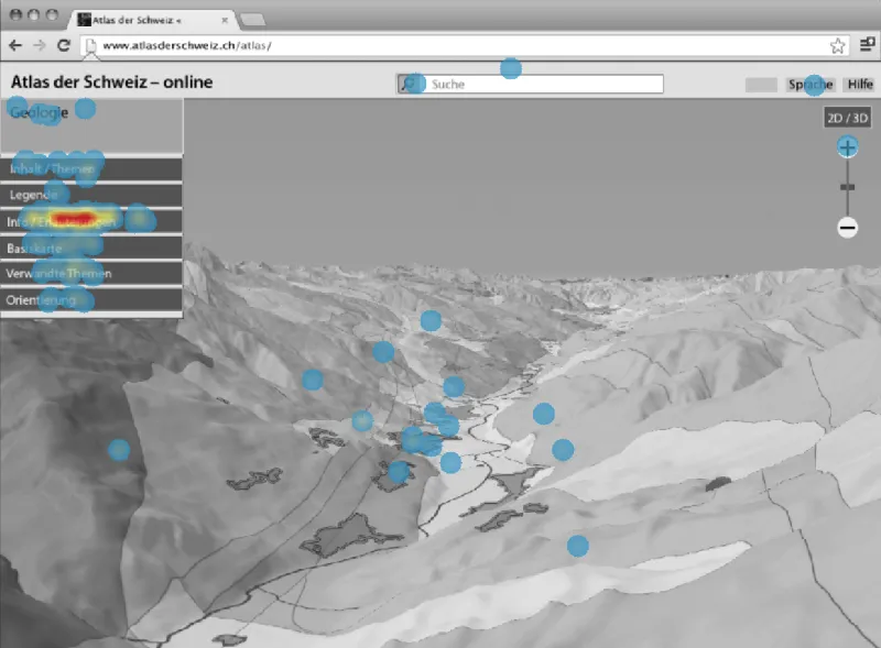 Capture d'écran montrant des éléments d'interface utilisateur typiques et une grande représentation tridimensionnelle du terrain en nuances de gris. Dans la partie supérieure gauche de l'écran se trouve un menu de sélection. Sur la capture d'écran, des zones bleues (le plus souvent de forme circulaire) ainsi qu'une zone rouge et une zone jaune sont visibles