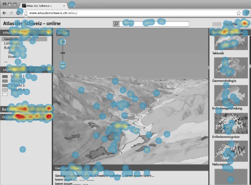 Etude des GUI d’application d’atlas pour bureau auprès des utilisateurs: les étudiants ont été priés de consulter des informations supplémentaires sur le thème cartographique sélectionné. Les cartes de densité de clics réalisées dans ce cadre montrent, selon le design de GUI, une tendance à la densification (image en haut) ou à la dispersion (image en bas) pour la même tâche. (Schnürer et al. 2015) Capture d'écran montrant une représentation tridimensionnelle du terrain en nuances de gris au centre de l'écran. Sur la gauche, plusieurs champs de texte sont visibles. Sur la droite, plusieurs petites cartes de la Suisse sont affichées. Il y a également d'autres éléments typiques d'interface utilisateur. Sur la capture d'écran, des zones (souvent de forme circulaire), principalement en bleu, mais aussi en jaune et en rouge, sont représentées.