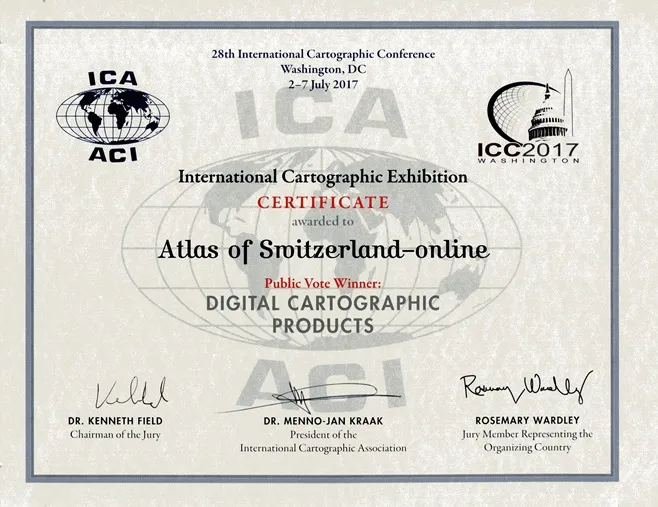 Publikumspreis Zertifikat für den Publikumspreis bei der International Cartographic Conference 2017.