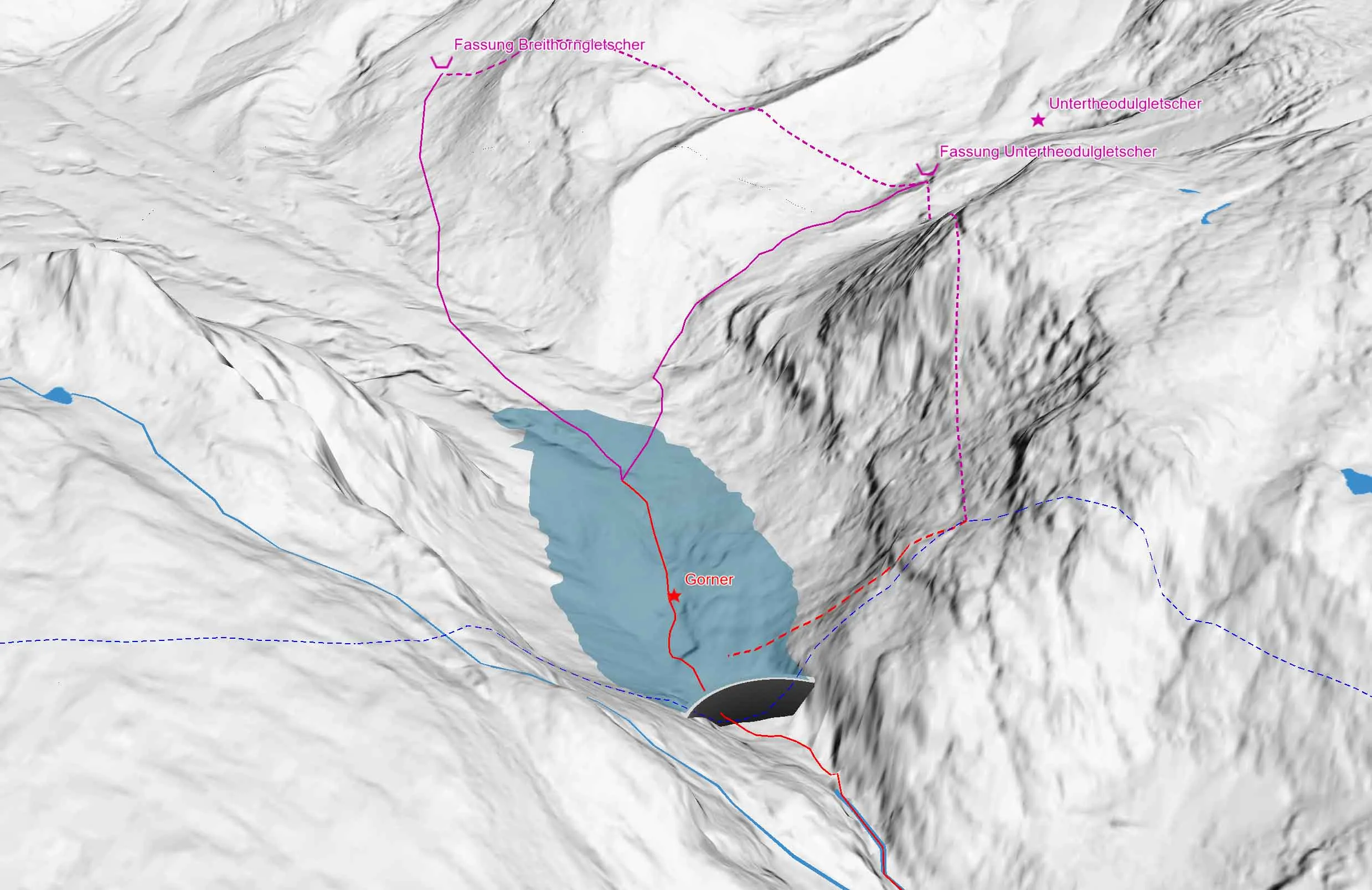 Une visualisation 3D du projet hydroélectrique prévu « Gorner », avec le nouveau barrage, le nouveau lac, les prises d’eau, les rivières et les conduites d’amenée.
