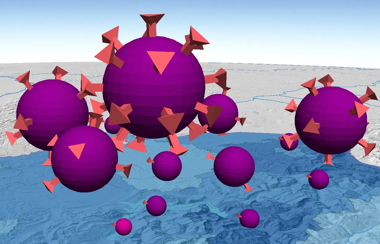Simboli 3D a forma del virus SARS-CoV-2, composti da sfere viola e protuberanze rosse.