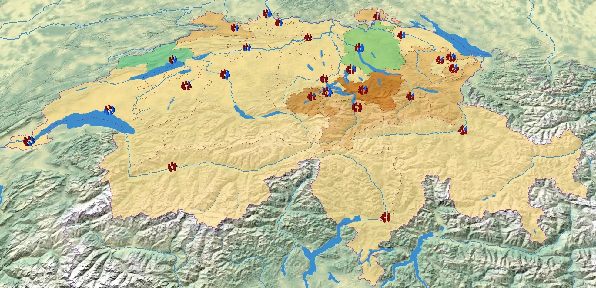 Carta della Svizzera sul tema della ripartizione dei generi nella politica: i cantoni sono colorati con gradazioni che vanno dal giallo al verde, e sulla cartina sono raffigurate figure di uomini e donne stilizzate.