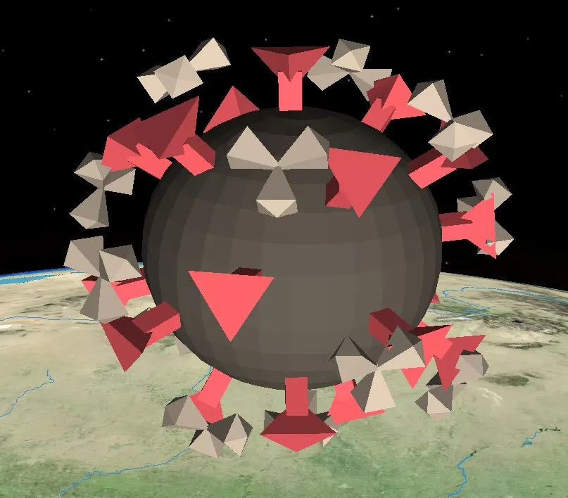 Simbolo 3D a forma del virus SARS-CoV-2, composto da una sfera nera con protuberanze rosse e forme geometriche 3D bianche che rappresentano gli anticorpi.