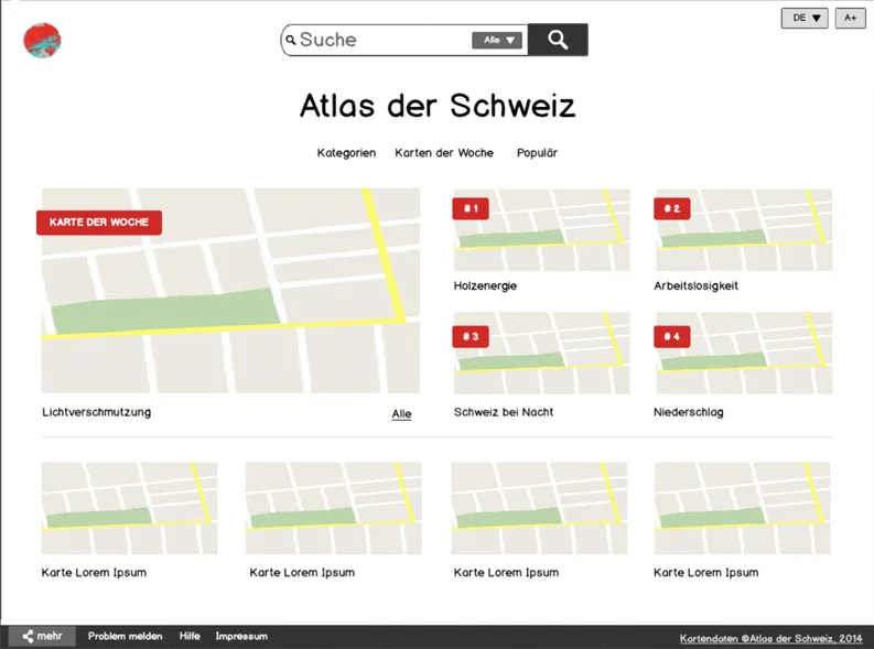 Capture d'écran montrant huit petites cartes topographiques très schématiques et une carte plus grande. Les cartes sont disposées en grille sur un fond blanc. Des éléments d'interface utilisateur sont également visibles.