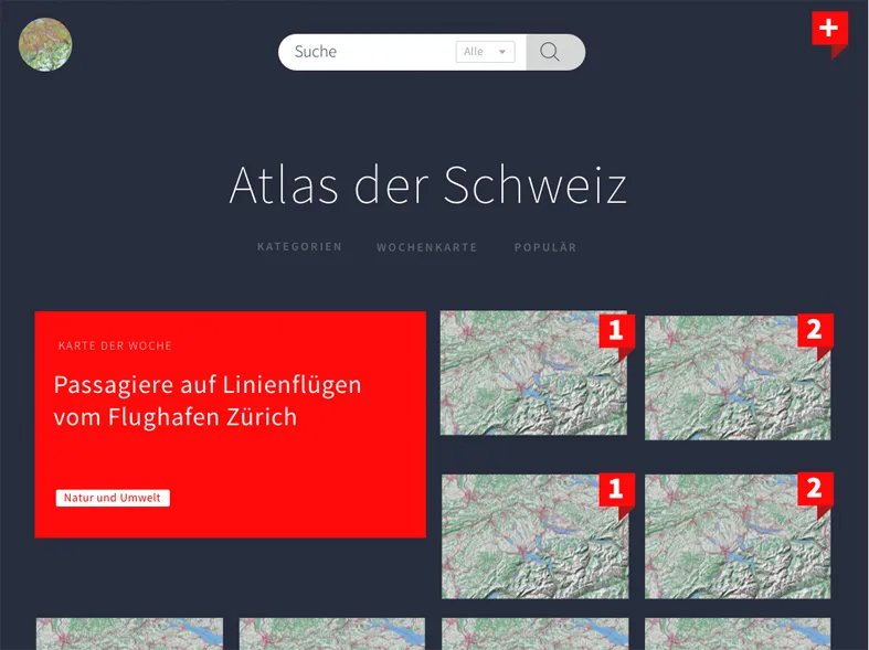 Wireframe (image en haut) et mood boards (image en bas) de la page d'accueil de de l'Atlas de la Suisse en 3D. Capture d'écran montrant quatre petites cartes topographiques disposées en grille sur le côté droit. Sur la gauche, une boîte rouge contenant un court texte en blanc est visible. L'interface comprend également quelques éléments typiques d'interface utilisateur et a un fond bleu foncé.