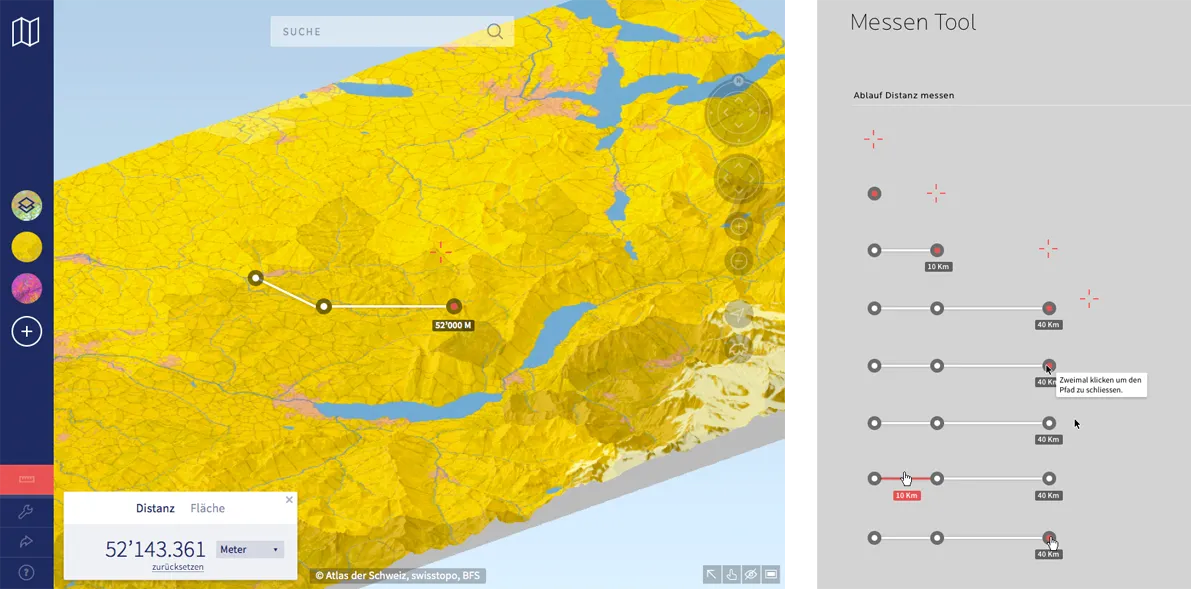 Design détaillé de la page d’affichage des cartes (à gauche) et spécifications de l’outil de mesure de distance (à droite) pour l’AdS – online. Image avec une capture d'écran d'une représentation numérique du terrain sur la gauche, colorée en jaune. Trois points y sont tracés et reliés par une ligne blanche. Dans le coin inférieur gauche, la distance mesurée de la ligne est affichée. La capture montre également des éléments typiques d'interface utilisateur d'une carte web. Sur la droite de l'image, une boîte grise contient des points blancs ou rouges, souvent reliés par des lignes blanches. Deux points et une ligne affichent aussi d'autres éléments comme un curseur de souris ou une info-bulle.