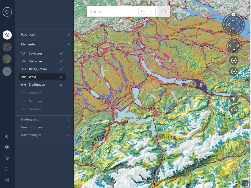 Wireframe (image en haut) et mood boards (image en bas) de la page d’affichage des cartes de l’Atlas de la Suisse en 3D. Capture d'une interface affichant une carte de la partie centrale et nord-est de la Suisse, où le terrain est coloré avec de nombreuses teintes différentes représentant notamment les plans d'eau, les zones bâties, les forêts et les voies de circulation. Des éléments typiques d'interface utilisateur d'une carte numérique sont également visibles.