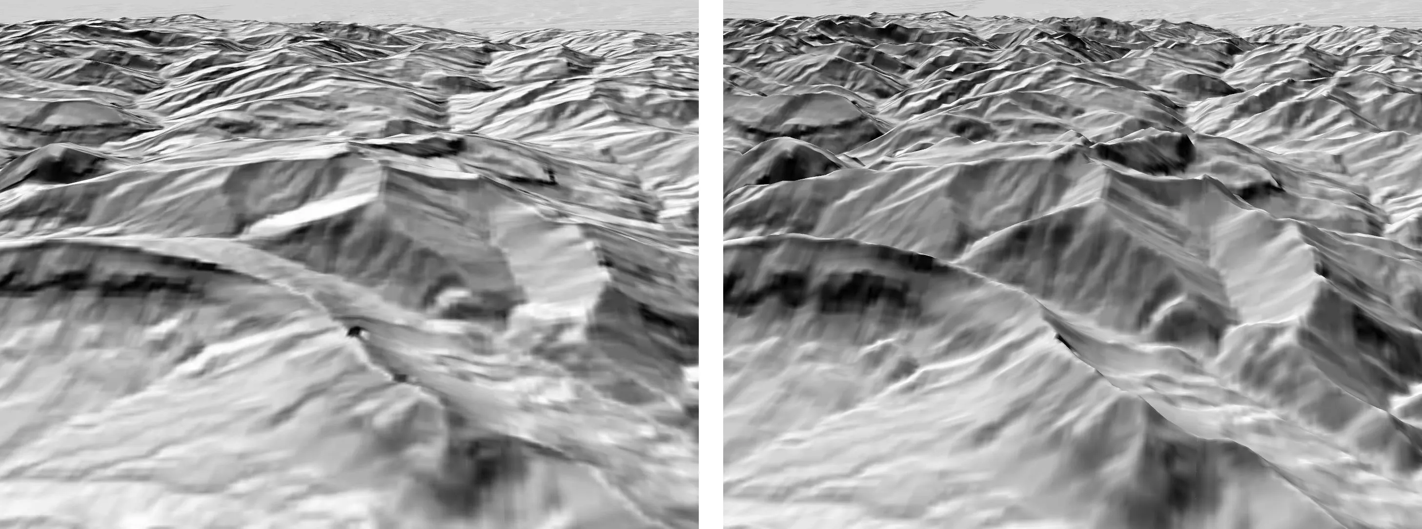 Zwei digitale Höhenmodelle mit Grauabstufungen und unterschiedlichen Auflösungen.