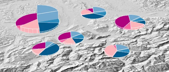 Diagrammes circulaires en 3D pour visualiser la part des différents systèmes de chauffage au bois Carte d'une région de la Suisse, en nuances de gris, complétée par des diagrammes circulaires en 3D dans des tons allant du rose au bleu.