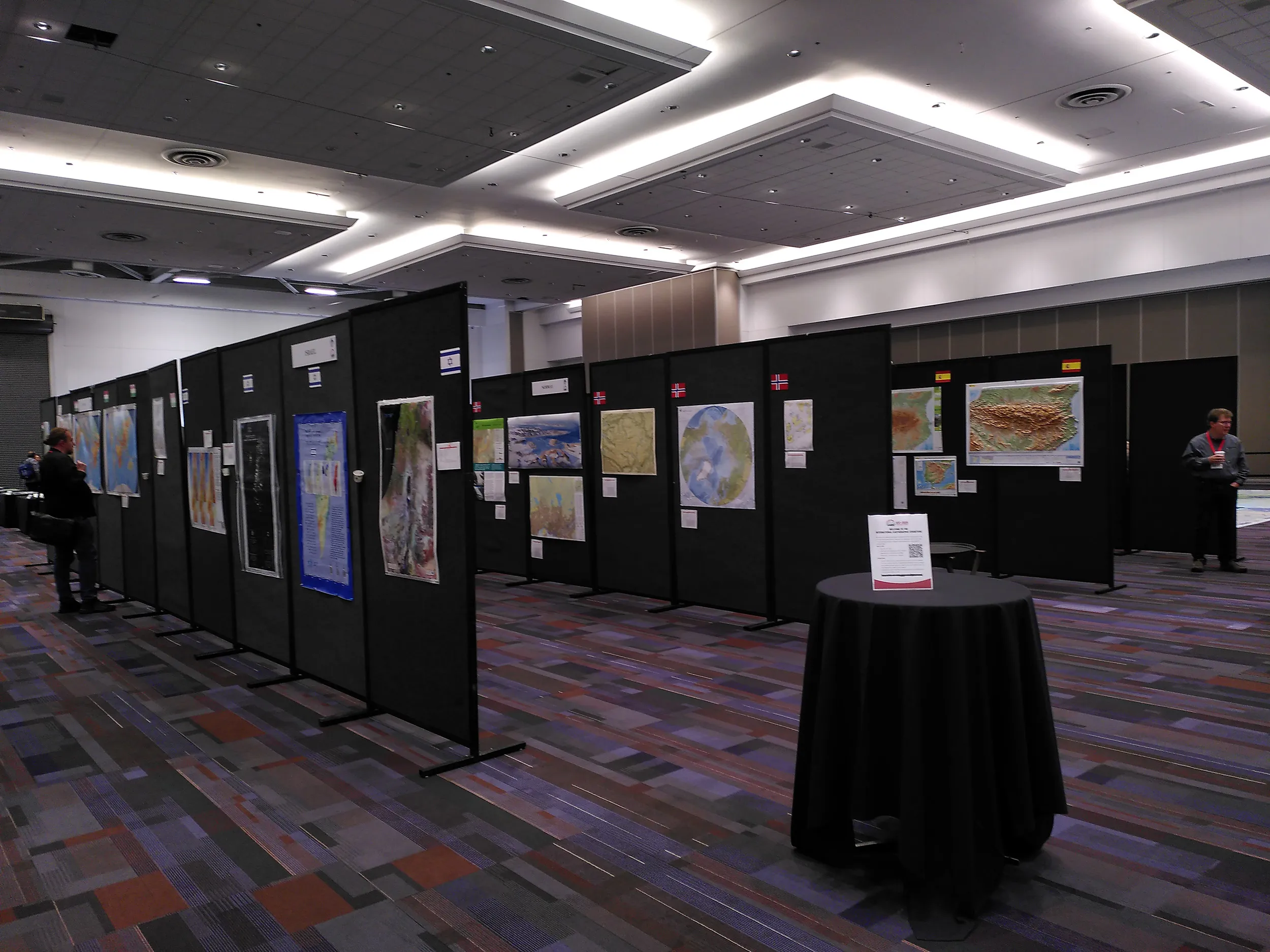 Salle avec plusieurs panneaux sur lesquels sont accrochées des cartes