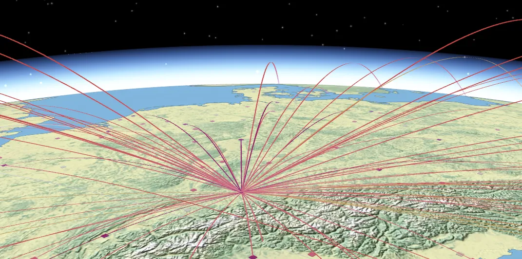 Carte montrant toutes les lignes aériennes au départ de l'aéroport de Zurich Carte d'une partie de l'Europe avec des lignes courbes représentant toutes les connexions aériennes au départ de l'aéroport de Zurich. Les lignes sont colorées dans des tons rouges. Des rectangles rouges représentent en outre les aéroports.
