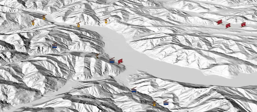 Carte avec des billboards pour représenter différents types de remontées mécaniques Carte d'une région de la Suisse, colorée en niveaux de gris, avec des symboles en forme de différents types de remontées mécaniques, colorés en jaune, bleu ou rouge.